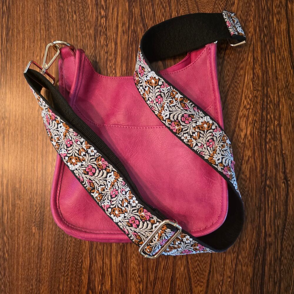 Ahdorned hot pink crossbody messenger boho bag gold detail long Floral Strap
